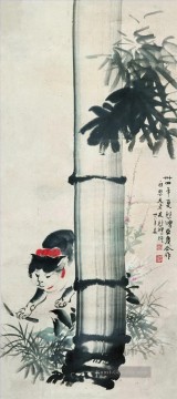 Xu Beihong Katze und Bambus alte China Tinte Kätzchen Ölgemälde